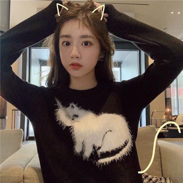 women's sweaters knitted cat pattern black sweater round collar long sleeve fashionable autumn clothing soft pullover women thin, White;black
women's sweaters knitted cat pattern black sweater round collar long sleeve fashionable autumn clothing soft pullover women thin, White;black
