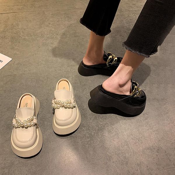 slippers 2021 patent leather mules metal chain pearl bowknot women creepers sandals platform shoes thick soled cover toe slides, Black
slippers 2021 patent leather mules metal chain pearl bowknot women creepers sandals platform shoes thick soled cover toe slides, Black