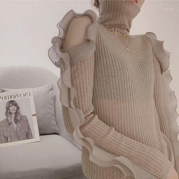 women's sweaters fall 2021 women temperament solid thin sweater sweet ruffles off-shoulder long sleeve jumper mock neck slim knit pullo, White;black
women's sweaters fall 2021 women temperament solid thin sweater sweet ruffles off-shoulder long sleeve jumper mock neck slim knit pullo, White;black