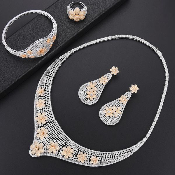 earrings & necklace trendy flower hollow cubc zirconia collar earring bangle ring fashion jewelry set for women african wedding, Silver
earrings & necklace trendy flower hollow cubc zirconia collar earring bangle ring fashion jewelry set for women african wedding, Silver