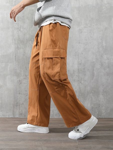 men flap pocket side drawstring waist pants 72ju#, Black