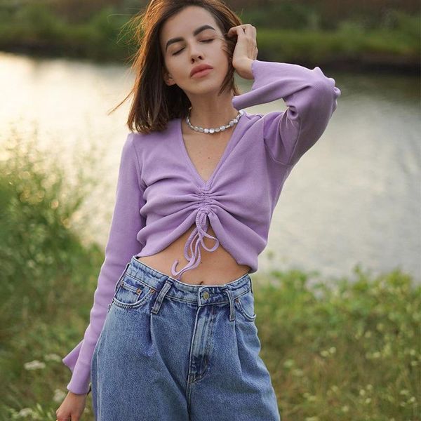 women's t-shirt women elegant crop v neck flare sleeve long drawstring slim purple pleated solid sweet t shirts casual autumn, White
women's t-shirt women elegant crop v neck flare sleeve long drawstring slim purple pleated solid sweet t shirts casual autumn, White