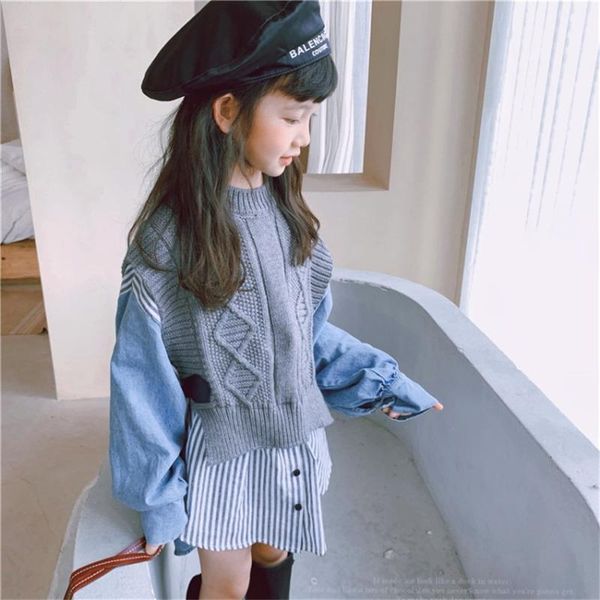 pullover girls sweater autumn winter fashion fake two knitted vest denim shirt splicing outerwear teen all-match children's clothing, Blue
pullover girls sweater autumn winter fashion fake two knitted vest denim shirt splicing outerwear teen all-match children's clothing, Blue