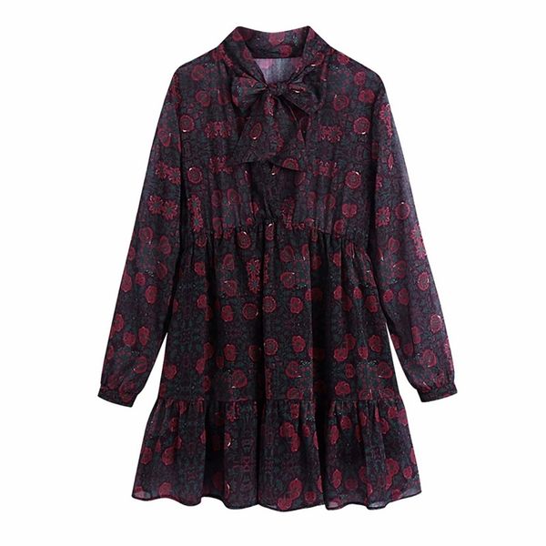 women summer chiffon mini dress bow tie collar thin transparent lining floral print female elegant sweet dresses vestidos 210513, Black;gray 
women summer chiffon mini dress bow tie collar thin transparent lining floral print female elegant sweet dresses vestidos 210513, Black;gray