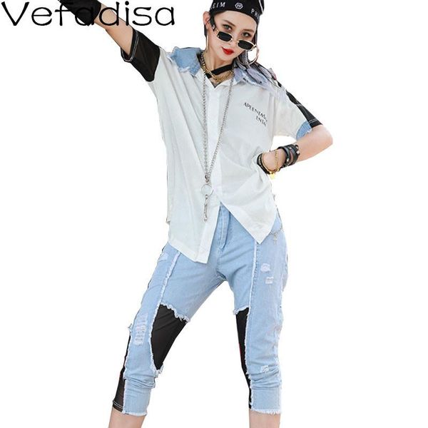 women's two piece pants vefadisa fashion summer denim patchwork women set 2021 stitching color casual shirts + calf-length loose qyf581, White 
women's two piece pants vefadisa fashion summer denim patchwork women set 2021 stitching color casual shirts + calf-length loose qyf581, White