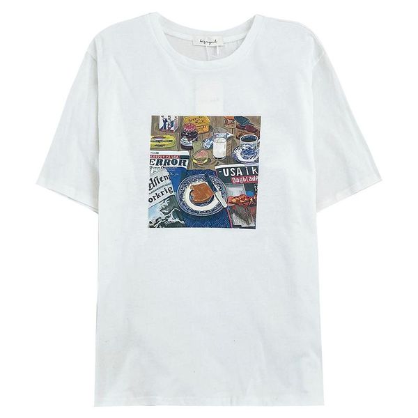 women's t-shirt retro old oil painting print summer o neck loose casual all-match short-sleeved, White
women's t-shirt retro old oil painting print summer o neck loose casual all-match short-sleeved, White
