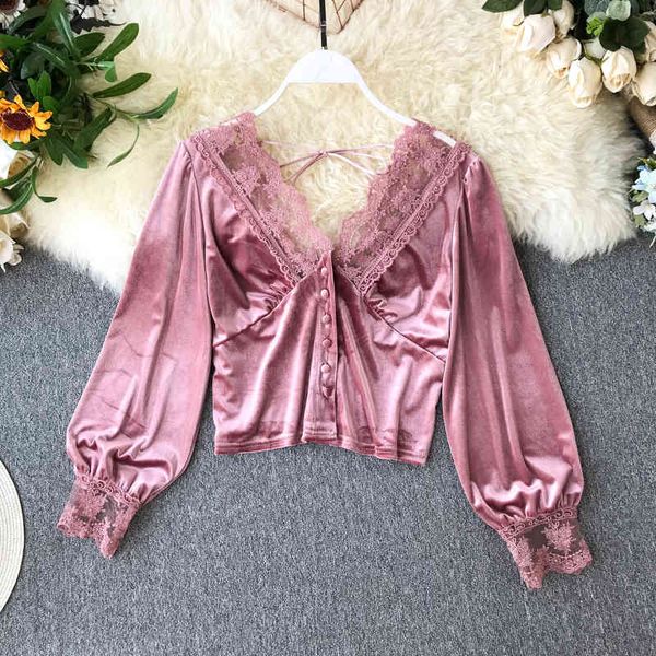 women's knits & tees autumn feminine lace v-neck stitched air short crop women long slee velvet korean fashion clothing blous, White
women's knits & tees autumn feminine lace v-neck stitched air short crop women long slee velvet korean fashion clothing blous, White