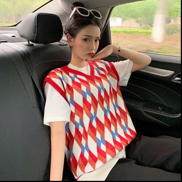 women sleeveless sweaters pullover autumn korean style vintage colorful argyle plaid v neck knitted sweater vest red waistcoat t377, White;black
women sleeveless sweaters pullover autumn korean style vintage colorful argyle plaid v neck knitted sweater vest red waistcoat t377, White;black