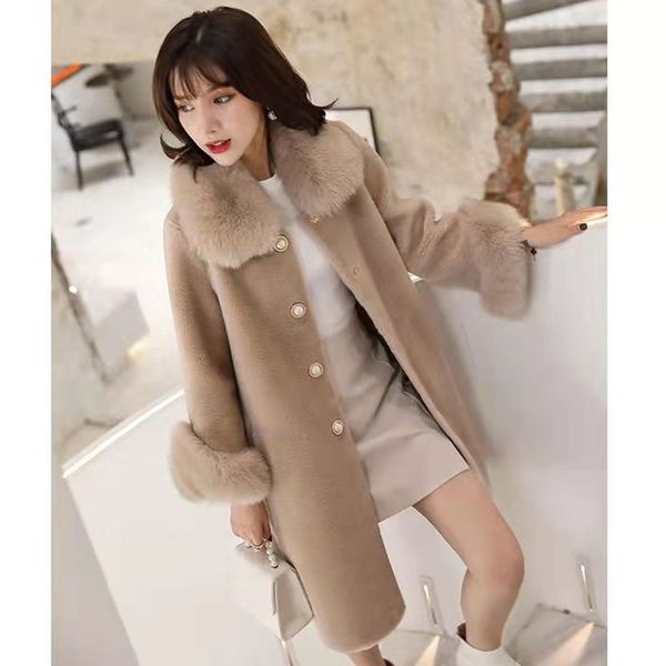 sheep shearing women's middle and long style cotton padded grain coat imitation f-o-x wool collar haining fur, Black
sheep shearing women's middle and long style cotton padded grain coat imitation f-o-x wool collar haining fur, Black