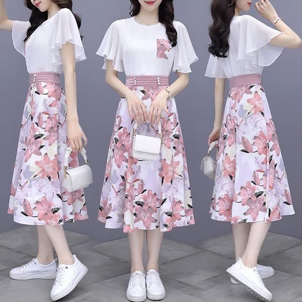 two piece set elegant women tracksuits floral print high waist a line skirts summer short sleeve t shirt ladies fashion, Gray
two piece set elegant women tracksuits floral print high waist a line skirts summer short sleeve t shirt ladies fashion, Gray