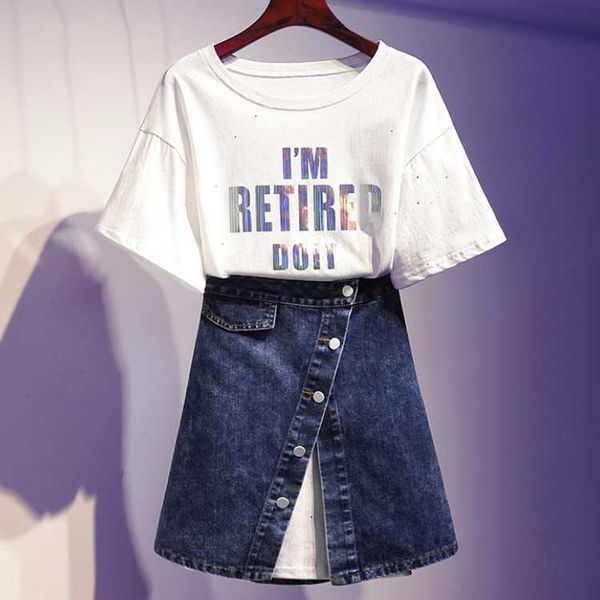 summer short sleeves letter printing long t-shirt 2 piece set women denim skirts plus size l-4xl 210526, White