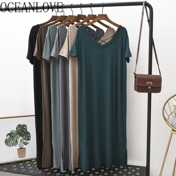 backless solid vestidos short sleeve soft all match women dress v neck loose casual long dresses fashion 15830 210415, Black;gray 
backless solid vestidos short sleeve soft all match women dress v neck loose casual long dresses fashion 15830 210415, Black;gray