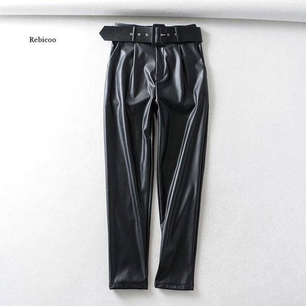 women black faux leather suit pants high waist sashes pockets office ladies pu trousers women's & capris, Black;white
women black faux leather suit pants high waist sashes pockets office ladies pu trousers women's & capris, Black;white