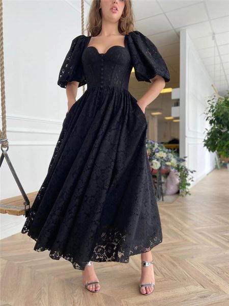 2021 black full lace evening party dresses with half puff sleeves heart shape neck buttons front ankle length prom gown, Black;red
2021 black full lace evening party dresses with half puff sleeves heart shape neck buttons front ankle length prom gown, Black;red