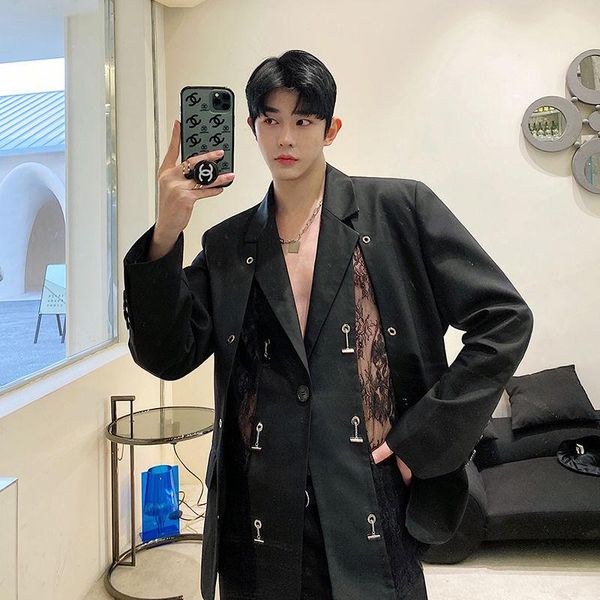 lace designer splicing metal chain buckle black suit see through blazer hombre transparent stage costumes for singers men's suits & bla, White;black
lace designer splicing metal chain buckle black suit see through blazer hombre transparent stage costumes for singers men's suits & bla, White;black