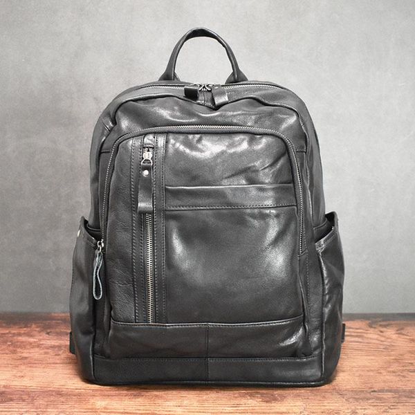 korean fashion multi-zips genuine leather men's backpack