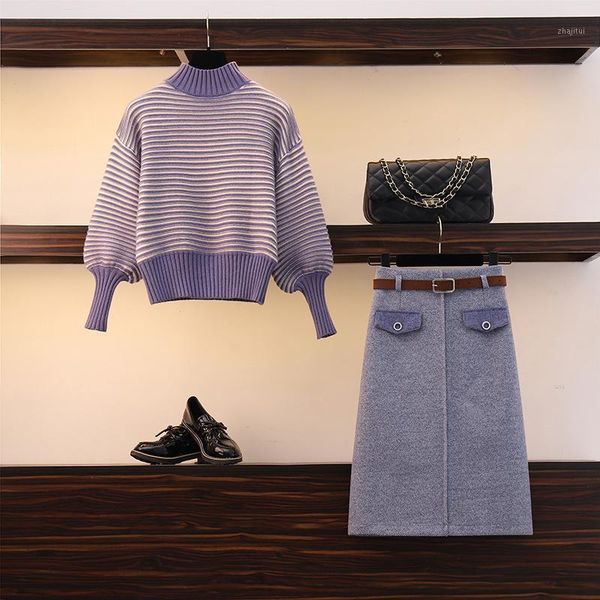 two piece dress plus size women's fashion loose bottoming striped sweater suit temperament was thin skirt autumn and winter two-piece, White
two piece dress plus size women's fashion loose bottoming striped sweater suit temperament was thin skirt autumn and winter two-piece, White