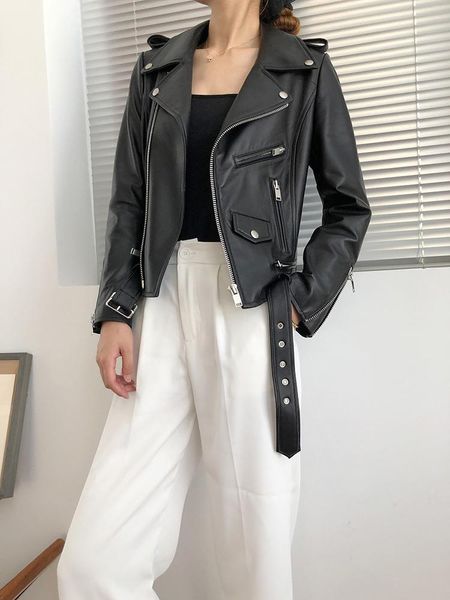 women's leather & faux coat women's 2021 autumn suit collar belt short slim sheepskin motorcycle jacket fashion, Black
women's leather & faux coat women's 2021 autumn suit collar belt short slim sheepskin motorcycle jacket fashion, Black