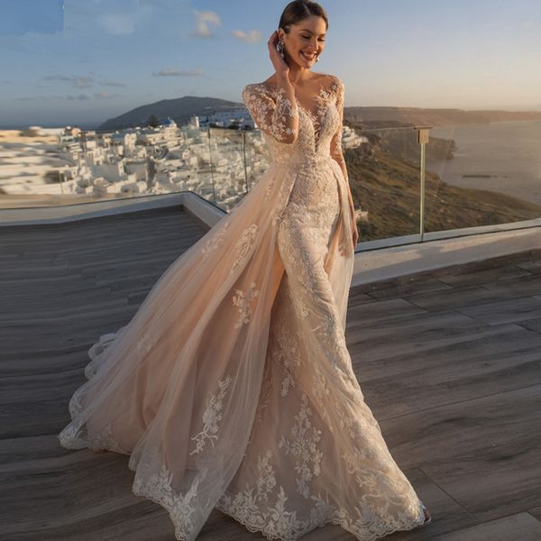 scoop neck long sleeves mermaid wedding dress bridal gowns with detachable train lace appliqued tulle bride dresses, White
scoop neck long sleeves mermaid wedding dress bridal gowns with detachable train lace appliqued tulle bride dresses, White