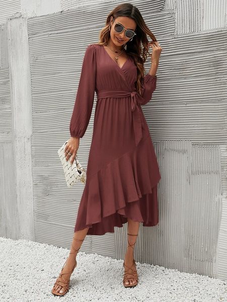 surplice neck asymmetrical ruffle hem belted dress she, Black;gray 
surplice neck asymmetrical ruffle hem belted dress she, Black;gray