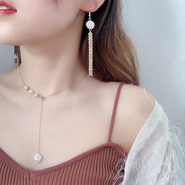 earrings & necklace gorgor jewelry sets women metal wheat ears tassel pearl originality statement minimalist temperament wedding ez-748, Silver 
earrings & necklace gorgor jewelry sets women metal wheat ears tassel pearl originality statement minimalist temperament wedding ez-748, Silver