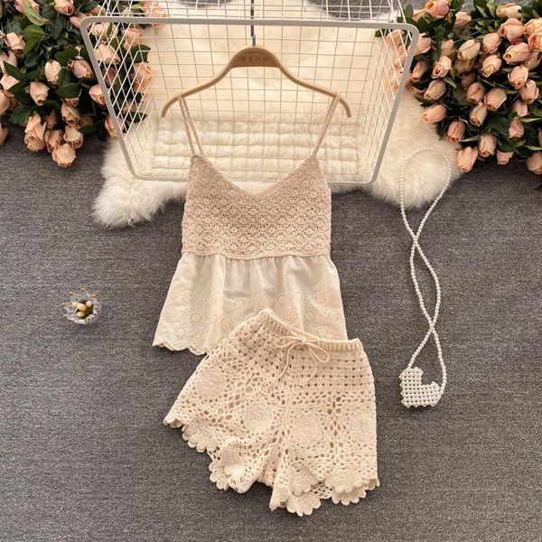 women's tracksuits summer hollow out 2pcs set women beige v-neck spaghetti strap camis + knitted drawstring shorts female suits 20, Gray
women's tracksuits summer hollow out 2pcs set women beige v-neck spaghetti strap camis + knitted drawstring shorts female suits 20, Gray