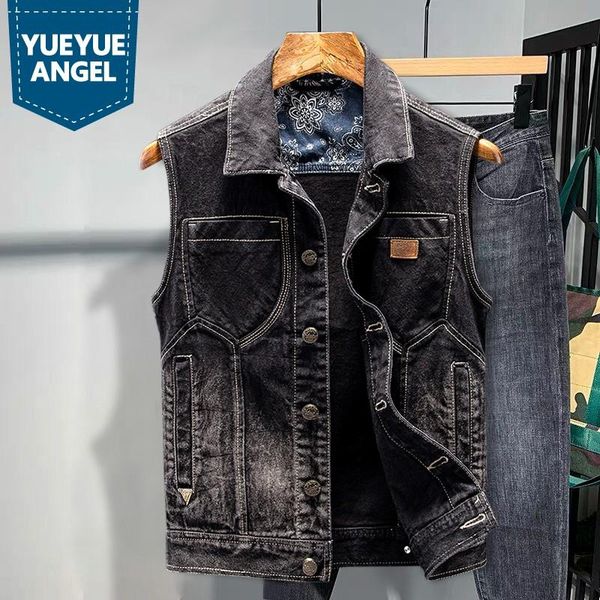 black denim vest men vintage slim fit multi-pocket work sleeveless jacket casual single breasted washed short waistcoat male men's vest, Black;white
black denim vest men vintage slim fit multi-pocket work sleeveless jacket casual single breasted washed short waistcoat male men's vest, Black;white