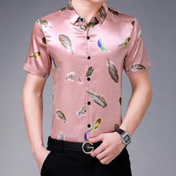 men fashion printing silk clothes summer feather printed satin streetwear male smooth soft shirt short sleeved dress men's casual shirt, White;black
men fashion printing silk clothes summer feather printed satin streetwear male smooth soft shirt short sleeved dress men's casual shirt, White;black