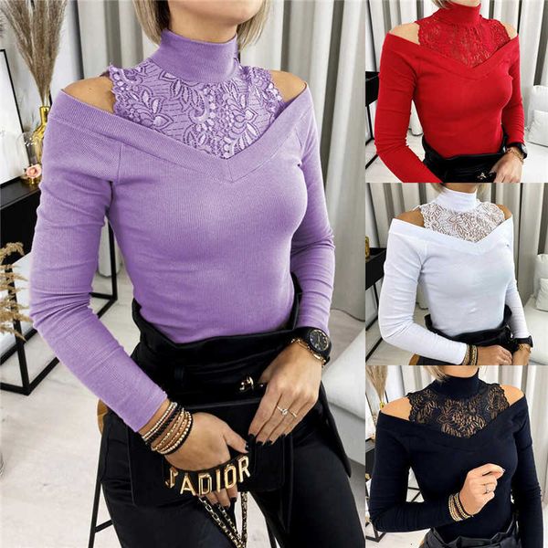 women's t-shirt lace panelled strapless soild color long sleeve high neck shirt designer womens clo zubg, White
women's t-shirt lace panelled strapless soild color long sleeve high neck shirt designer womens clo zubg, White