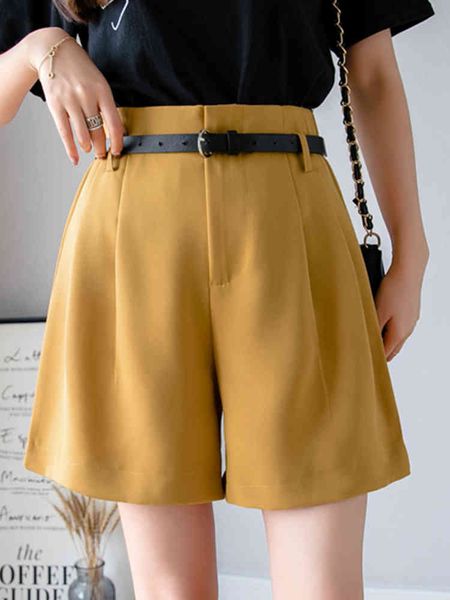 women high waist solid color loose shorts with belt yellow casual female wide leg street wear straight short pants 210513, White;black
women high waist solid color loose shorts with belt yellow casual female wide leg street wear straight short pants 210513, White;black
