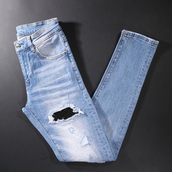 men's jeans street style fashion men retro light blue elastic slim fit ripped frayed hole patch designer hip hop denim pants
men's jeans street style fashion men retro light blue elastic slim fit ripped frayed hole patch designer hip hop denim pants