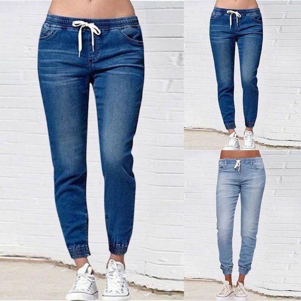 women's jeans women classic solid causal high waist elastic drawstring lace up female fashion slim fit ankle length pencil pants, Blue
women's jeans women classic solid causal high waist elastic drawstring lace up female fashion slim fit ankle length pencil pants, Blue