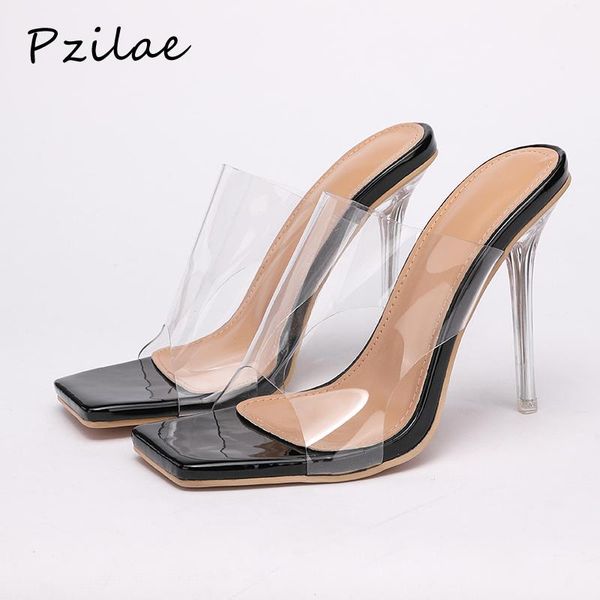 pzilae summer slippers women outdoor clear pvc transaprent jelly sandals fashion open toe crystal heels party ladies shoes, Black