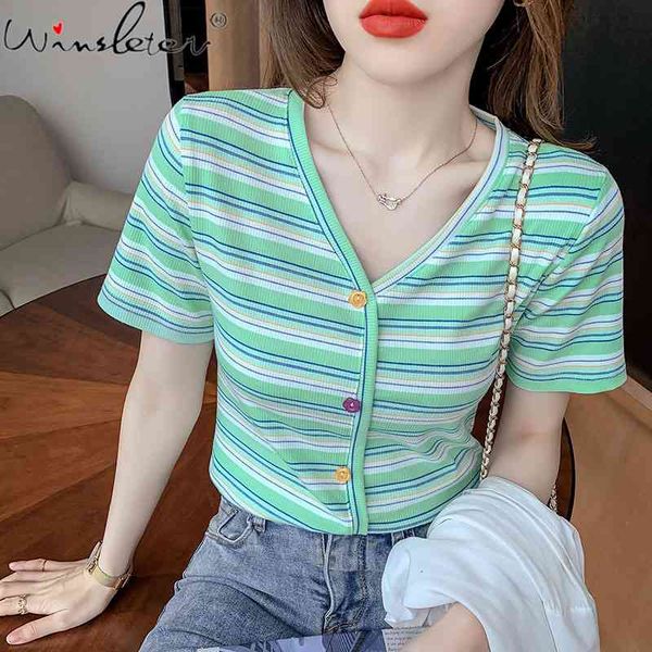 women's t-shirt summer korean style cotton chic v-neck button rainbow striped elastic women bottoming shirt tees t15729a, White
women's t-shirt summer korean style cotton chic v-neck button rainbow striped elastic women bottoming shirt tees t15729a, White