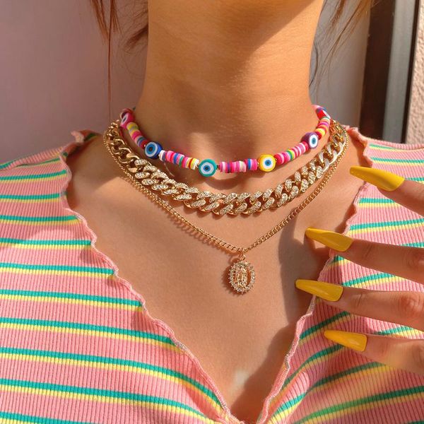 chains 3 pcs/set evil eye soft pottery clay crystal cuban thick chain necklace for women multilayer portrait pendant jewelry, Silver
chains 3 pcs/set evil eye soft pottery clay crystal cuban thick chain necklace for women multilayer portrait pendant jewelry, Silver