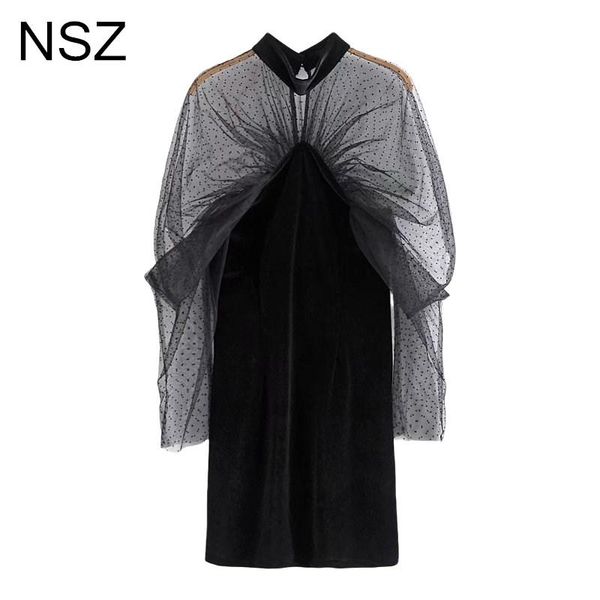 casual dresses nsz women black transparent polka dot mesh patchwork velvet elegant body dress puff sleeve party evening mini ropa mujer, Black;gray 
casual dresses nsz women black transparent polka dot mesh patchwork velvet elegant body dress puff sleeve party evening mini ropa mujer, Black;gray