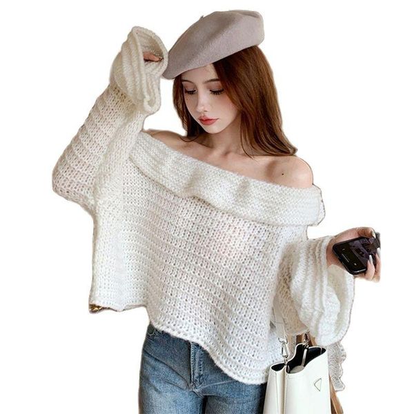 women's sweaters fashion korea ins sweater woman sweet and off-shoulder one-neck ruffled petal-sleeved winter jumper knitted female, White;black
women's sweaters fashion korea ins sweater woman sweet and off-shoulder one-neck ruffled petal-sleeved winter jumper knitted female, White;black
