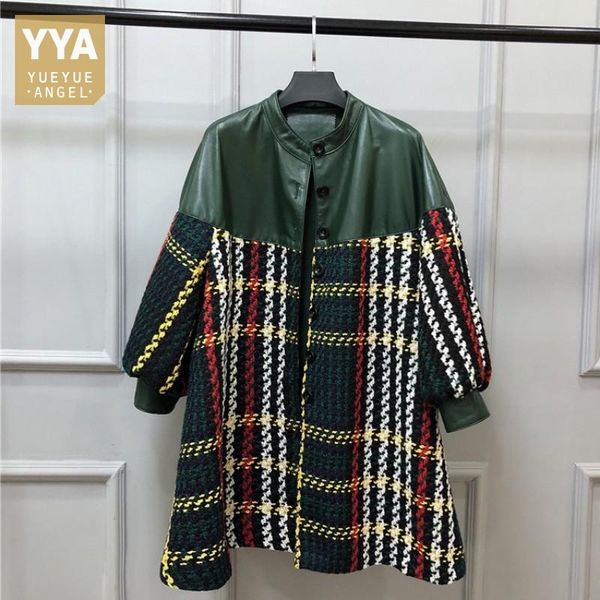 women's leather & faux autumn female loose tweed coat patchwork genuine long jackets office ladies stand collar single breasted plaid, Black
women's leather & faux autumn female loose tweed coat patchwork genuine long jackets office ladies stand collar single breasted plaid, Black