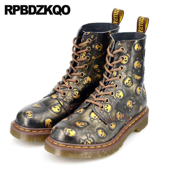 boots fall round toe skull chunky short genuine leather ankle shoes women handmade gold military combat lace up, Black
boots fall round toe skull chunky short genuine leather ankle shoes women handmade gold military combat lace up, Black