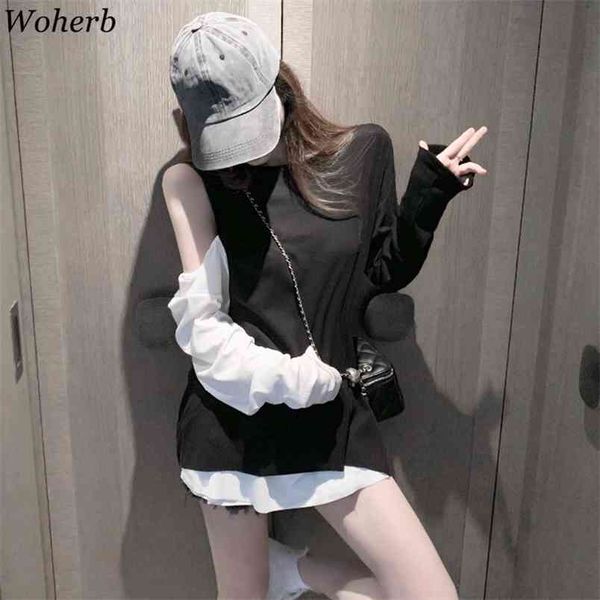 women t shirts korean chic fake two piece basic off shoulder long sleeve tees harajuku loose wild contrast color 210519, White
women t shirts korean chic fake two piece basic off shoulder long sleeve tees harajuku loose wild contrast color 210519, White
