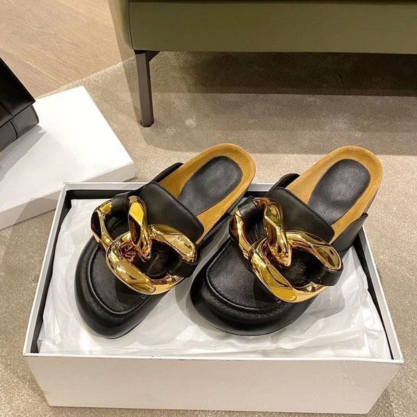 new high end jw big gold chain baotou half slippers for women to wear versatile leather thick soled lefu mueller loafers ysj, Black
new high end jw big gold chain baotou half slippers for women to wear versatile leather thick soled lefu mueller loafers ysj, Black