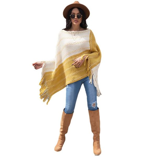 women's t-shirt woman's fashionable loose shawl cloak pullover sweater, yellow tassel stripe contrast color bat sleeve knitwear, d, White
women's t-shirt woman's fashionable loose shawl cloak pullover sweater, yellow tassel stripe contrast color bat sleeve knitwear, d, White