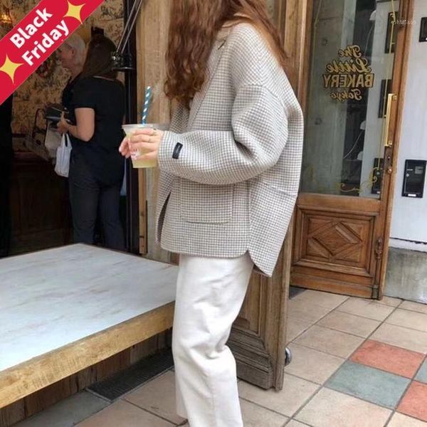 short woolen plaid coat female 2021 loose casual houndstooth outwear women blazer jacket women's wool & blends, Black
short woolen plaid coat female 2021 loose casual houndstooth outwear women blazer jacket women's wool & blends, Black