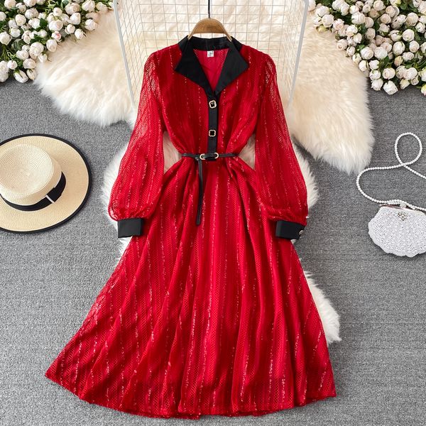 women black/white/red chiffon hollow out patchwork dress female spring autumn v-neck single breasted big swing elegant vestidos 2022, Black;gray
women black/white/red chiffon hollow out patchwork dress female spring autumn v-neck single breasted big swing elegant vestidos 2022, Black;gray