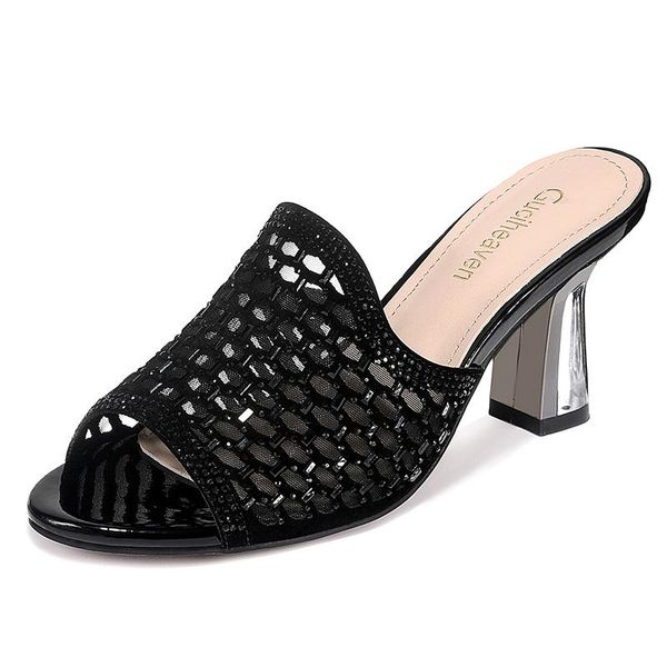 dress shoes summer fashiong women slippers square heel sandals black mesh 3-51