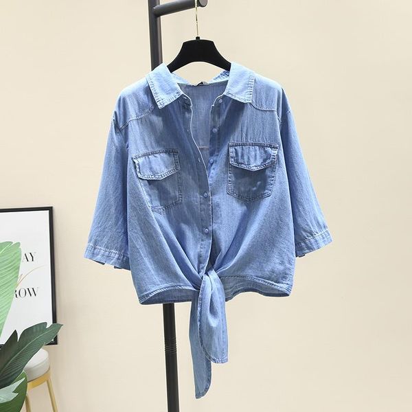 women's blouses & shirts superaen denim shirt summer 2021 loose casual design knot short thin coat, White 
women's blouses & shirts superaen denim shirt summer 2021 loose casual design knot short thin coat, White