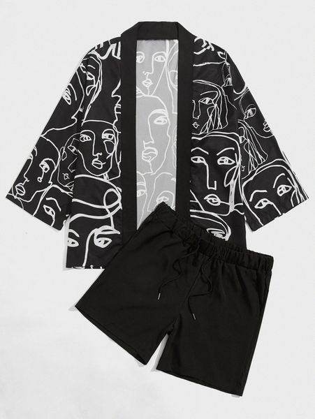 men abstract figure graphic kimono shirt & drawstring waist shorts v6pk#, Gray
men abstract figure graphic kimono shirt & drawstring waist shorts v6pk#, Gray