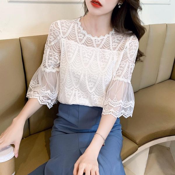 women's blouses & shirts summer flared sleeves lace hollow chiffon shirt women elegant solid color straight casual female korean blusas, White
women's blouses & shirts summer flared sleeves lace hollow chiffon shirt women elegant solid color straight casual female korean blusas, White