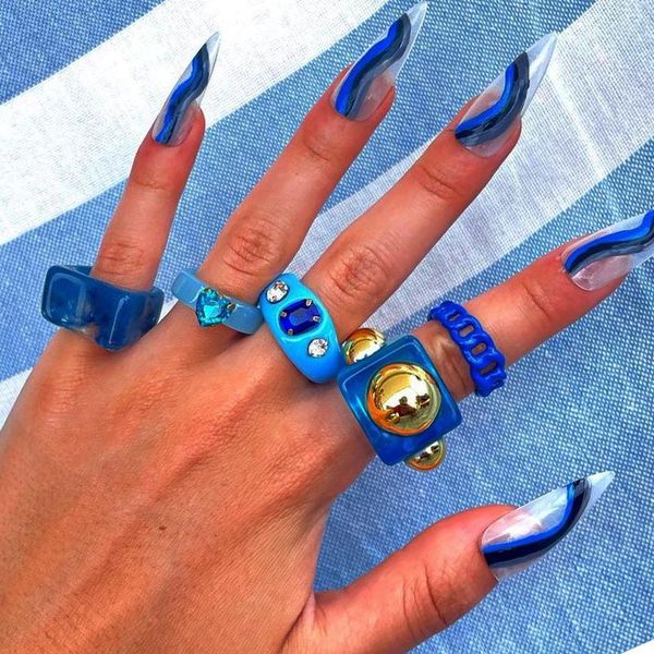 cluster rings ins aesthetic 5pcs/set blue color theme hyperbole thick resin acrylic set for women girly trendy diy party ring jewelry, Golden;silver
cluster rings ins aesthetic 5pcs/set blue color theme hyperbole thick resin acrylic set for women girly trendy diy party ring jewelry, Golden;silver