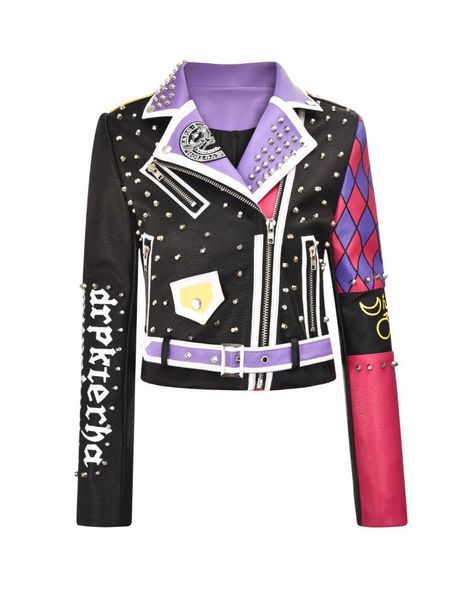 women's leather & faux heavy industry rivet bead pulleather jacket graffiti collision color printed motorcycle and coat punk street, Black
women's leather & faux heavy industry rivet bead pulleather jacket graffiti collision color printed motorcycle and coat punk street, Black